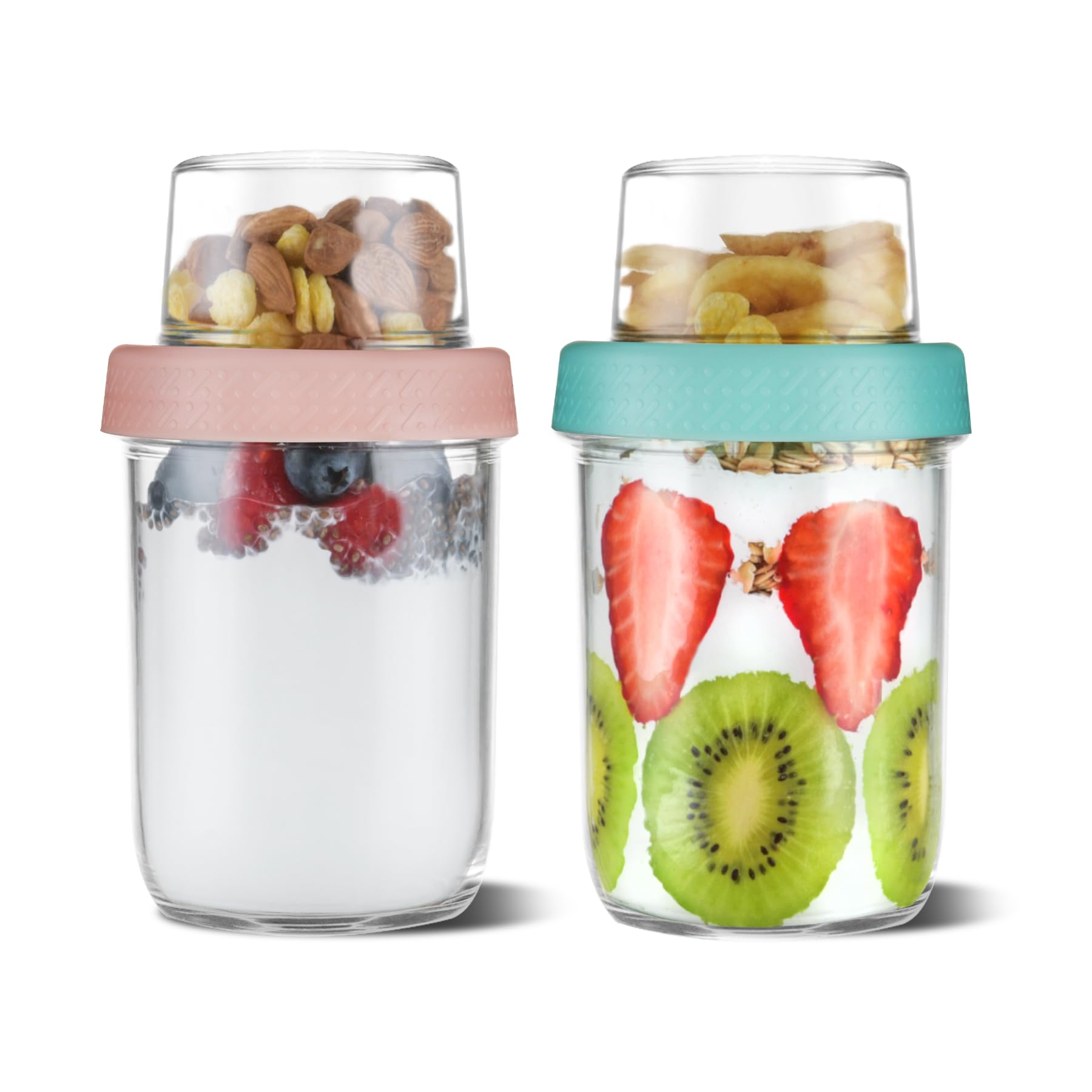 4oz 16 oz Glass Overnight Oats Containers with Lids 2Pack, Yogurt Parfait Cups with Dry and Wet Separation, Breakfast Prep Bowl for Cereal Nut Fruit