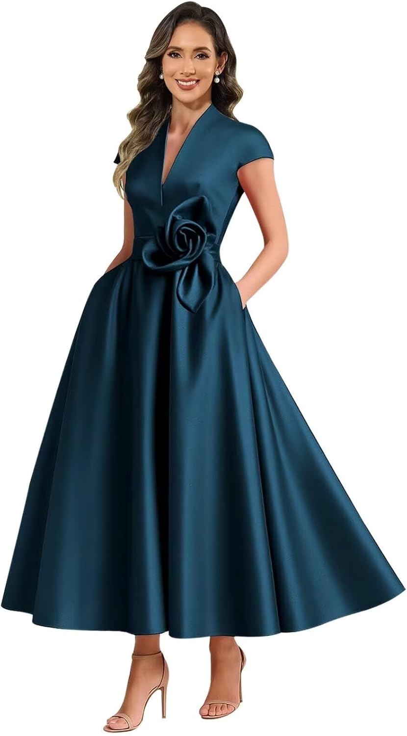 Tea Length Satin Mother of The Bride Dresses for Women A Line V Neck Cap Sleeves Formal Evening Dress
