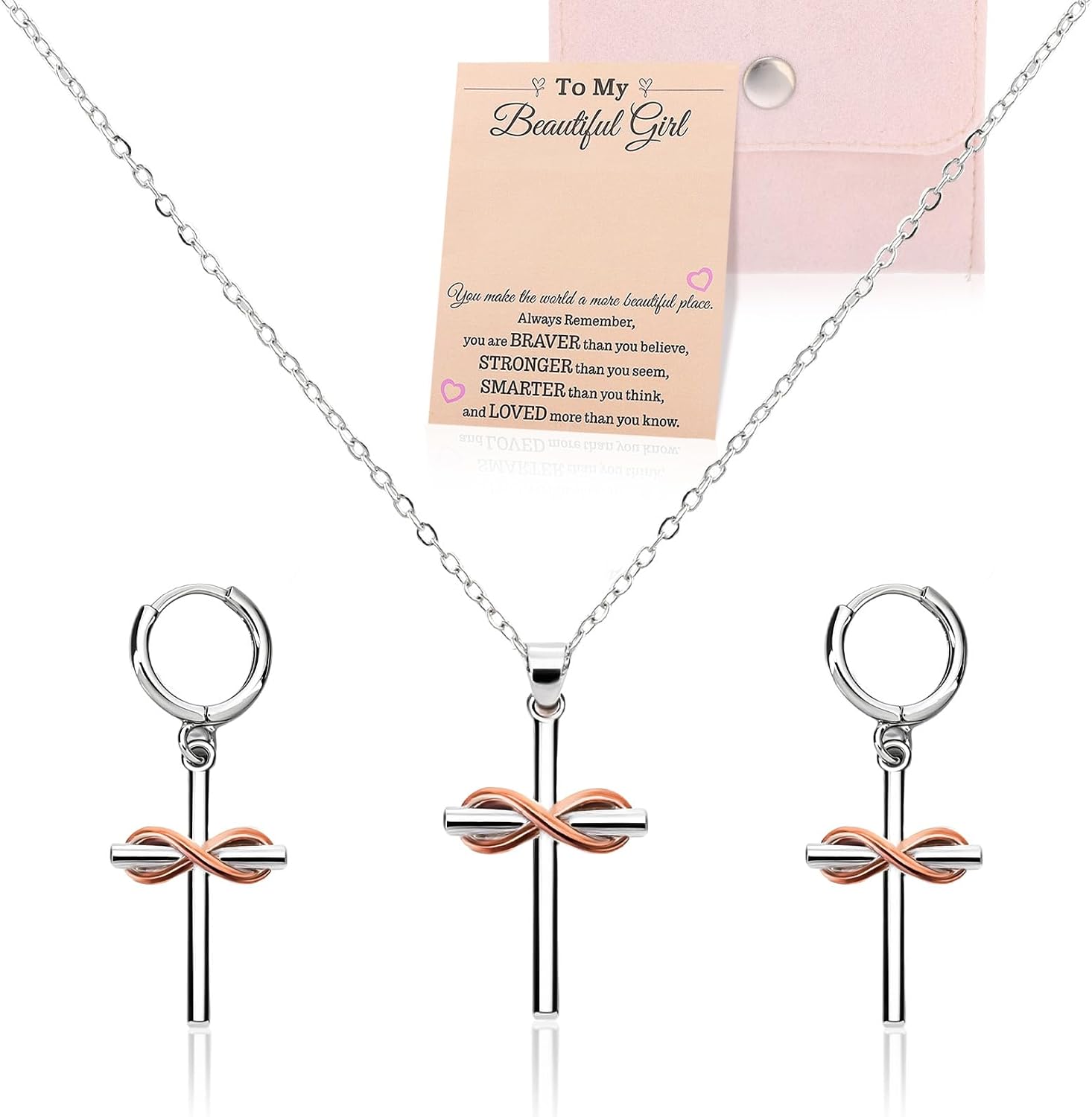 JATEBI Cross Necklace for Girls, Adjustable Cross Pendant Necklaces with Earring Velvet Bag, Christian Back to School Gifts
