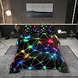 Manfei Rainbow Neon Lights Bed Comforter Set Queen Size,Colorful Glowing Crossed Stripes (Not Glowing) Super Soft Microfiber Bedding Set for Adults Men,Geometric Modern Decorative Comforter Set,3 Pcs