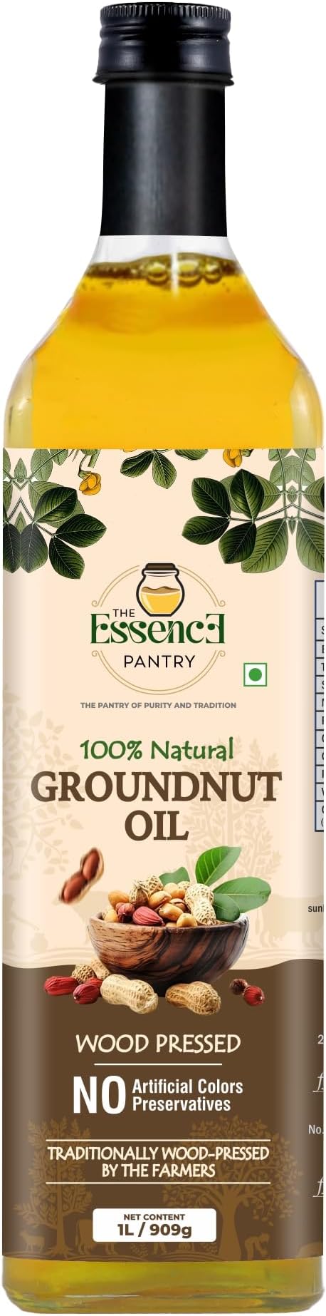 - The Essence Pantry Wood Pressed Groundnut Oil 1L | 100% Natural Cold Pressed Peanut/Sing Tel | Edible Grade | No Preservatives | Glass Bottle | For Cooking