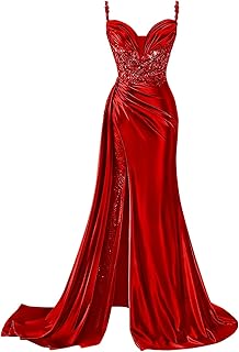 Satin Prom Dresses 2025 Sparkly Sweetheart Long Mermaid Evening Gown with Slit Pleated Formal Dress - Buy now