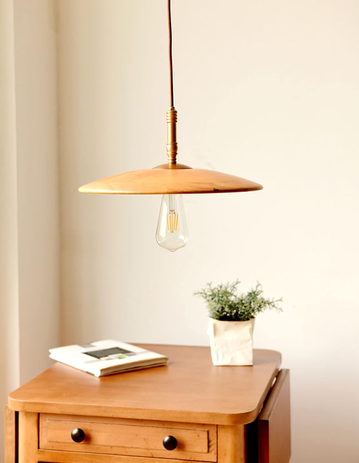 Dimmable Retro Natural Wood Color Hand-Made Oblateness Shape Wooden Pendant Light J-Type Track Light 3.2 ft Cord Brass Finished E26 Socket for Restaurant Chandelier,Customizable