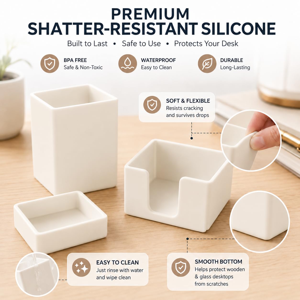 minimaliving ästhetisches Silikon-Schreibtisch-Organizer-Set,3-teilig,modernes Büro-Stifte Organizer mit Stiftehalter,Büroklammern-Ablage,Haftnotizhalter,stilvolle funktionale Büro Organizer(Beige)