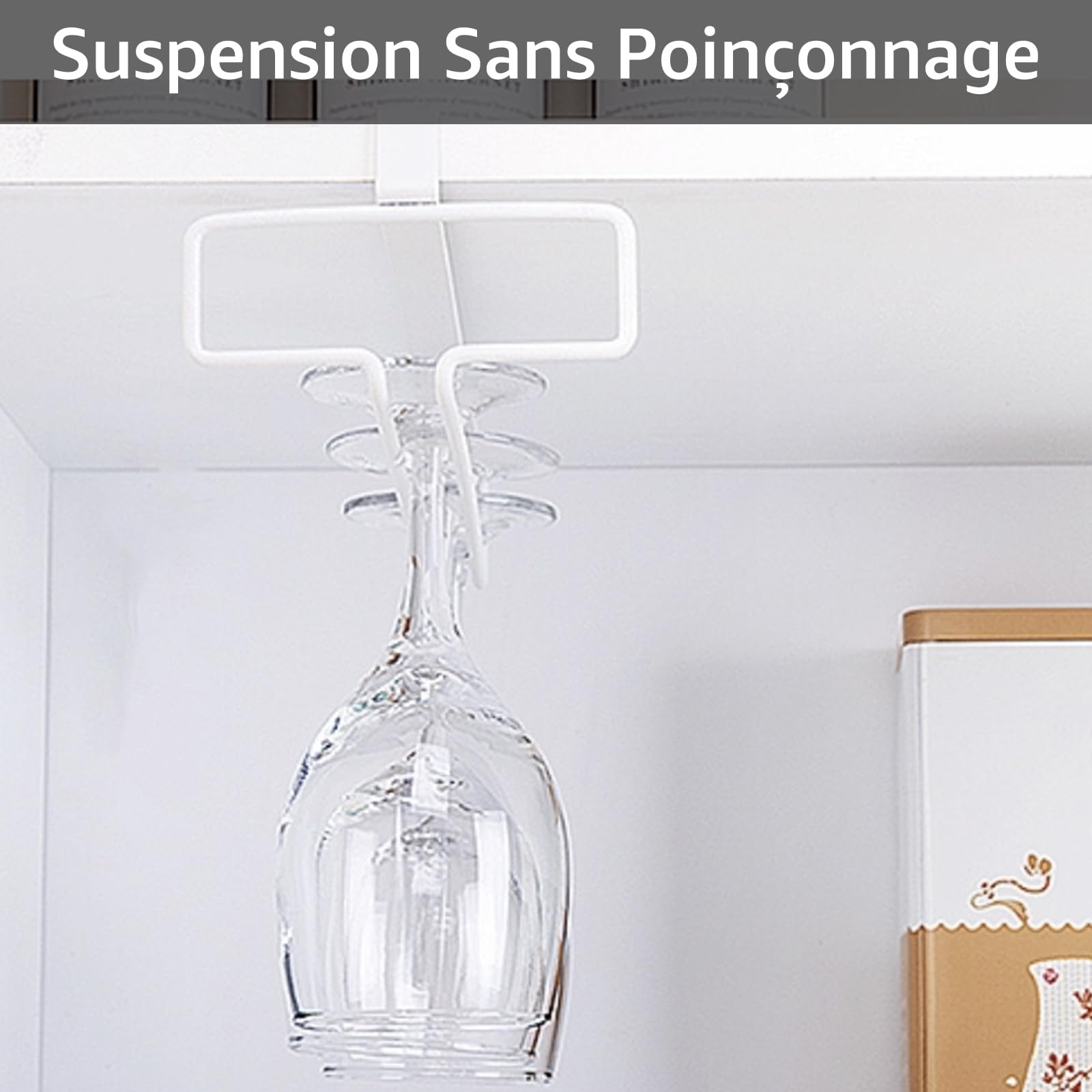 4 Supporti Bicchieri Da Vino Sospesi - Senza Foratura, Acciaio, Bianco - Foto 10