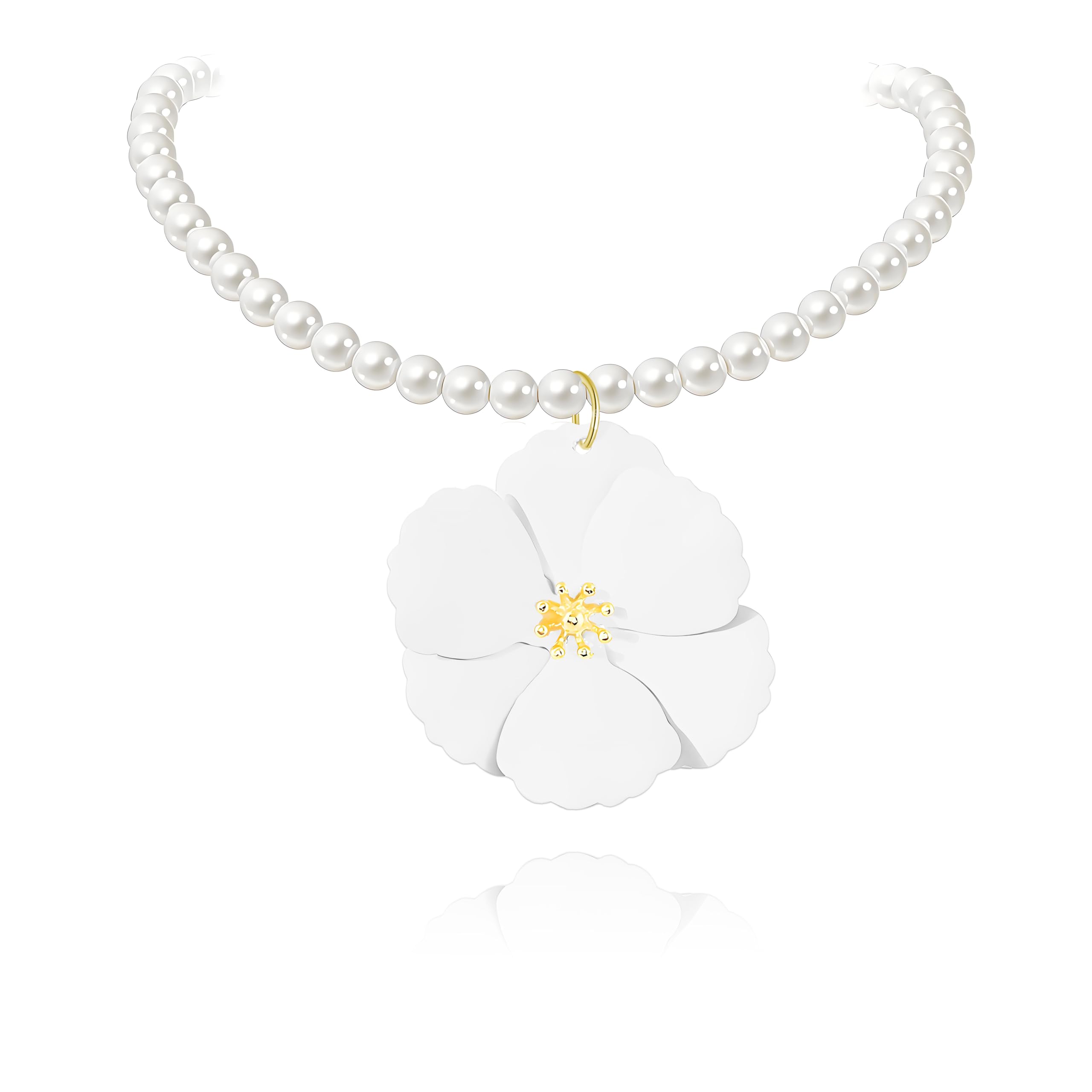 DEYOUM Flower Pearl Necklace for Women Elegant Handmade Boho Floral Flower Bib Charm Choker Necklace Summer Hawaii Beach Chokers Necklaces Weddings