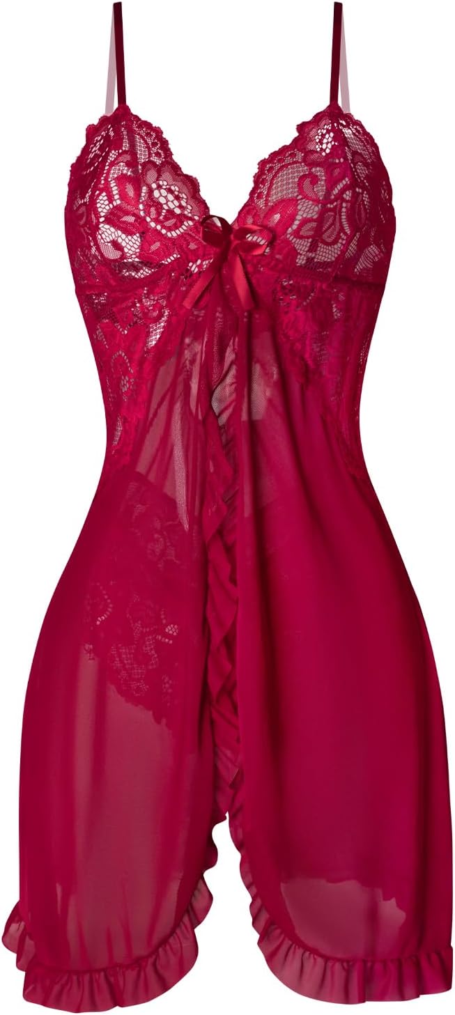 Sexy Night Gowns Babydoll Lingerie Dress For Women Lace Trim Sleep Dress Sheer See-through Lingerie