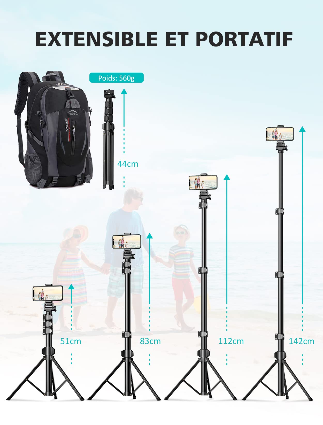 CIRYCASE Trepied Smartphone, 142cm Extensible Perche a Selfie Trepied Aluminium avec Télécommande Bluetooth et Support de Téléphone Universel Compatible avec iPhone, Galaxy, Appareil Photo et Gopro