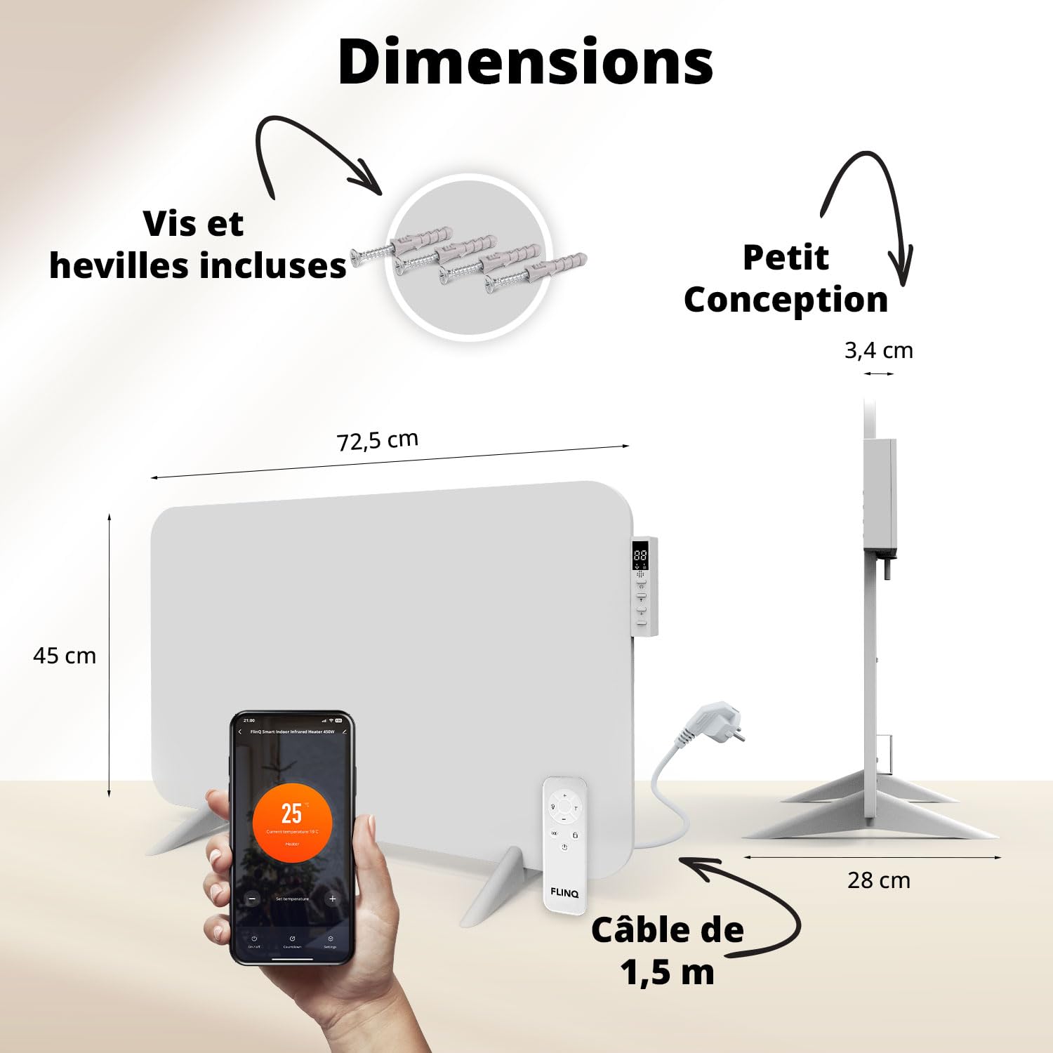 FlinQ 450W Radiateur Infrarouge – Chauffage Électrique Mural Connecté – Économie d'Énergie – IP44 Salle de Bain – Design Plat avec Thermostat Réglable - Blanc