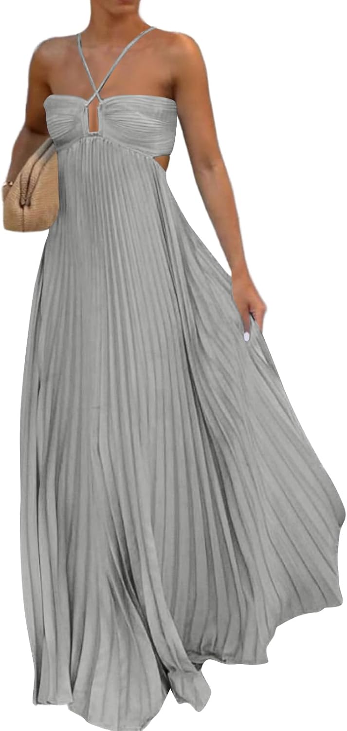 Summer Beach Dresses for Women Cross Halter V Neck Flowy Vacation Dress Tie Back Empire Waist Maxi Sundresses