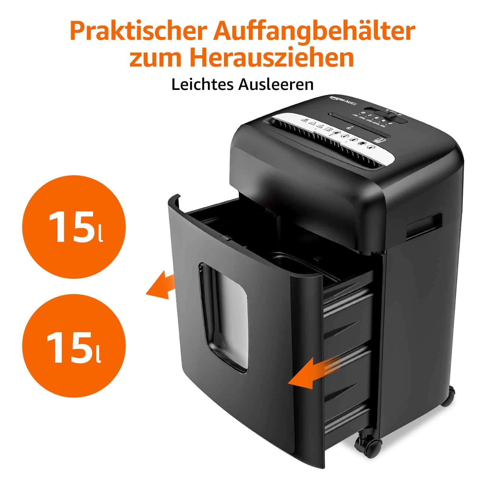 Amazon Basics Aktenvernichter mit Mikropartikelschnitt, 8 Blatt, mit Transparentem Sichtfenster, für Dokumente, CDs und Kreditkarten, 15l Auffangbehälter, Schwarz