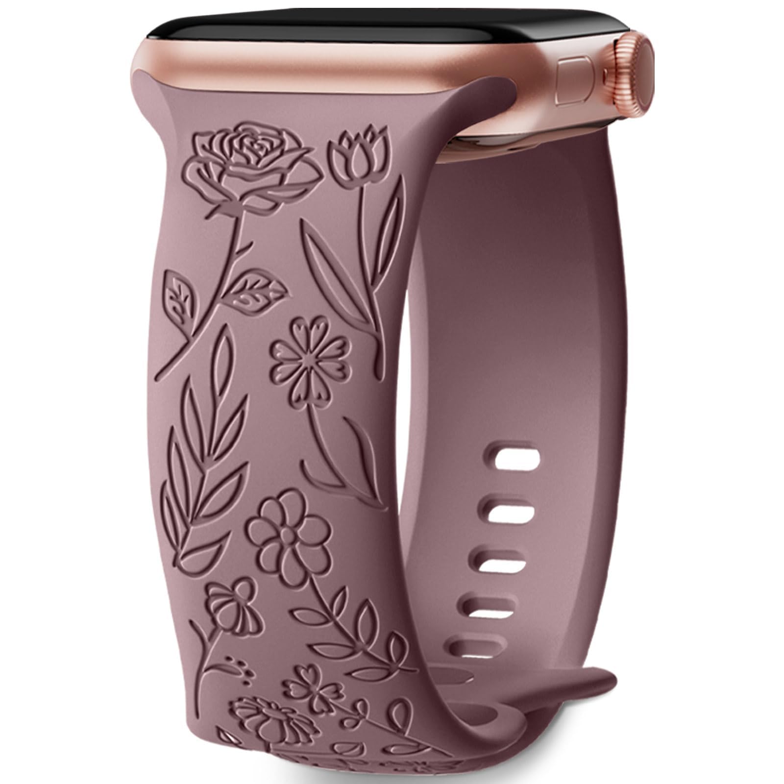Upeak Floral Engraved Band Compatible with Apple Watch Strap 38mm 40mm 41mm for Women, Soft Silicone Elegant Rose Flower Pattern Replacement Strap for iWatch Series SE 9 8 7 6 5 4 3 2 1
