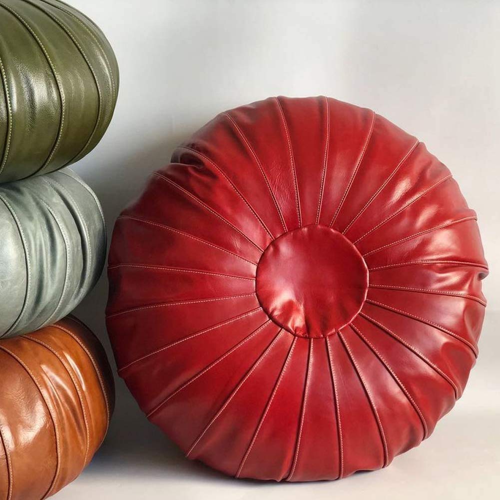 Pouf Ottoman Rond en Cuir de Vachette Rouge 70x26 cm Coussin Grand Format Marocain