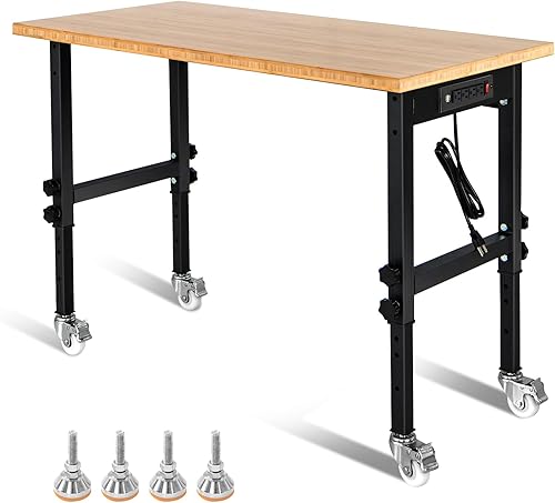 Goplus Banco de trabajo, mesa de trabajo móvil de 48 pulgadas con toma de corriente, ruedas extraíbles y almohadillas para los pies, parte superior