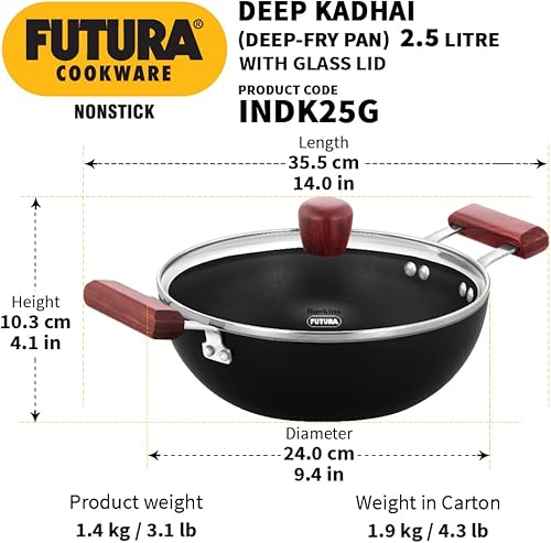 Miniatura 3 de HAWKINS Futura Kadhai de 2,5 litros de profundidad, antiadherente Kadai con tapa de vidrio, Kadhai de inducción de fondo plano, sartén profunda,