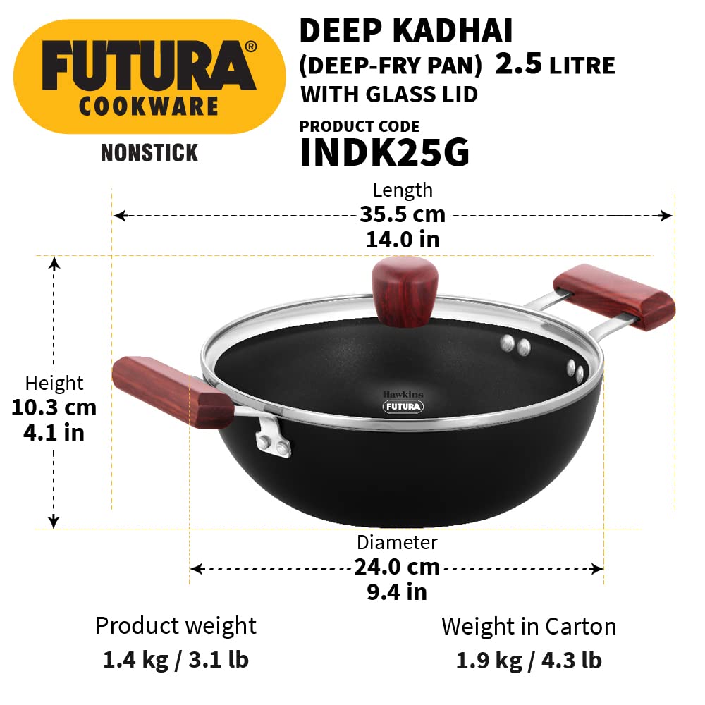 Hawkins Futura 2.5 Litre Deep Kadhai, Nonstick Kadai with Glass Lid, Flat Bottom Induction Kadhai, Deep Fry Pan, Black (INDK25G) 1