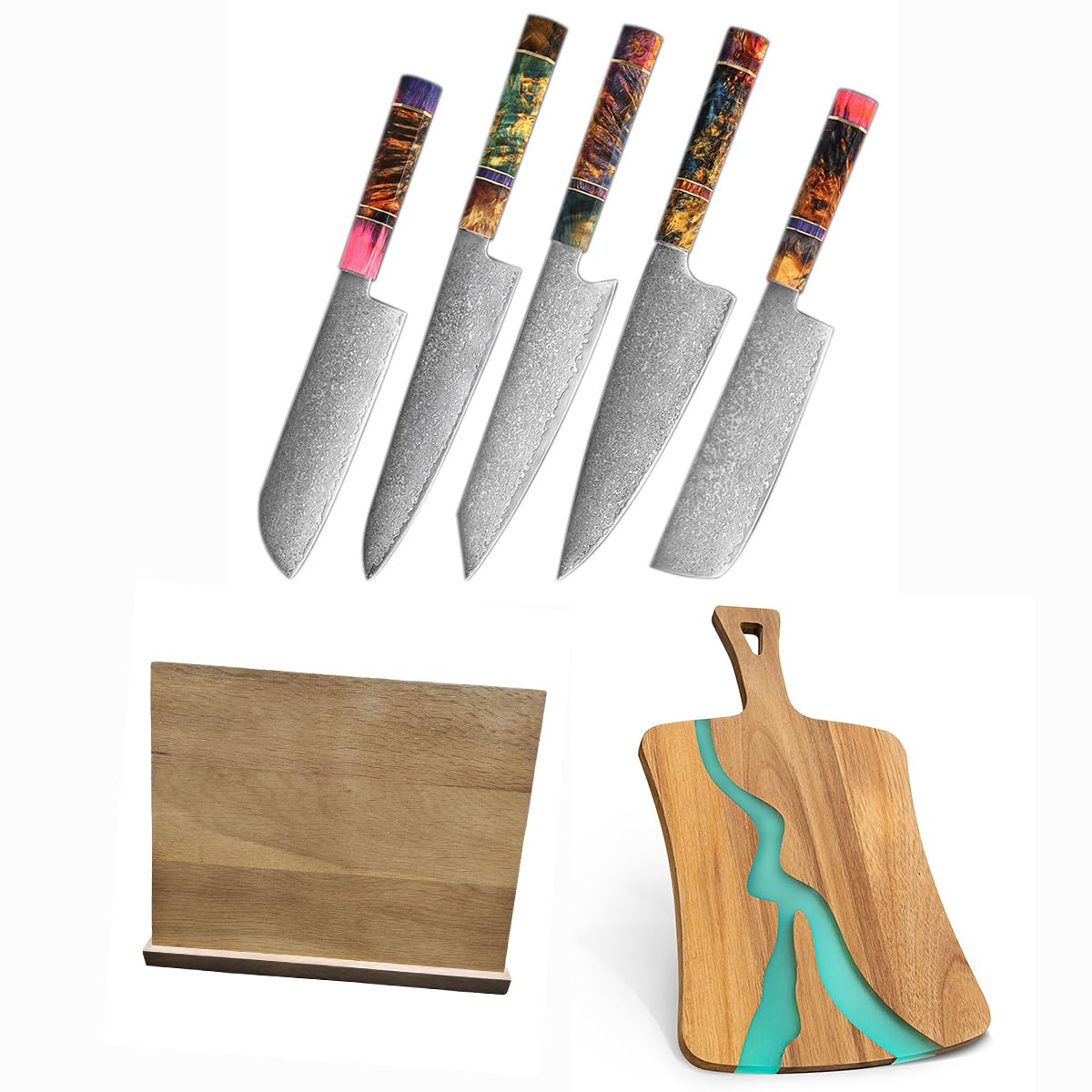 IKXO Knife Set 5 Piece Damascus Pattern Chef Knife Set Dazzling Colorful Handle and Sharp High Carbon Stainless