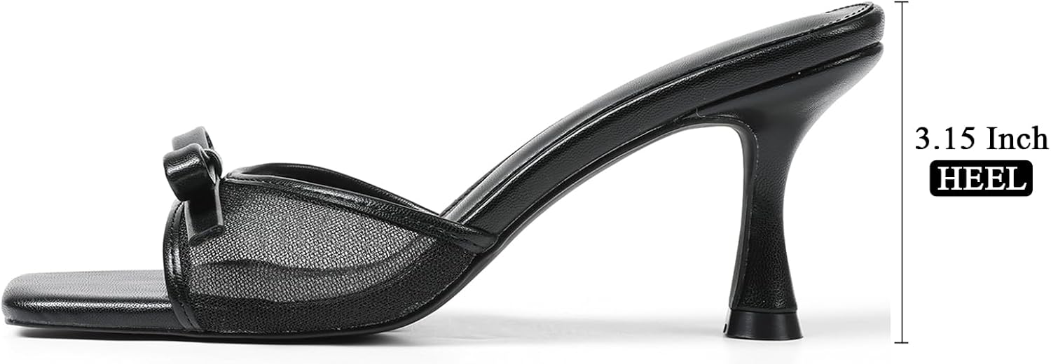 Attiposh Womens Heeled Sandals Open Square Toe Kitten Heels Sandals Slip On Bow Mesh Mules Heels Comfortable Dress Shoes for Party Wedding - Image 5