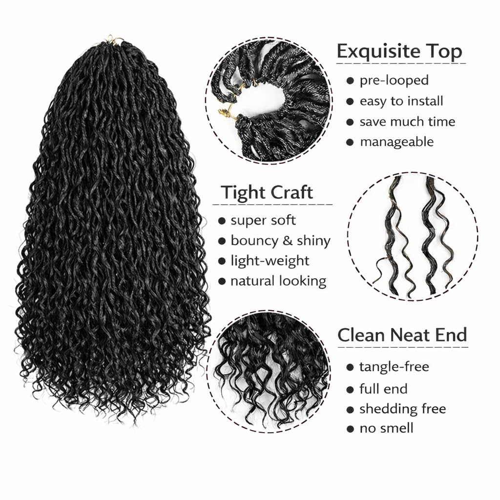 Faux Locs Curly Boho Braid Hair - Haarverlängerungen zum Flechten mit Crochet im Echthaar-Look Kanekalon - 600 g 120 Strähnen auf 5 Stück + 3 Zubehör inklusive (1B, 22" 45cm)