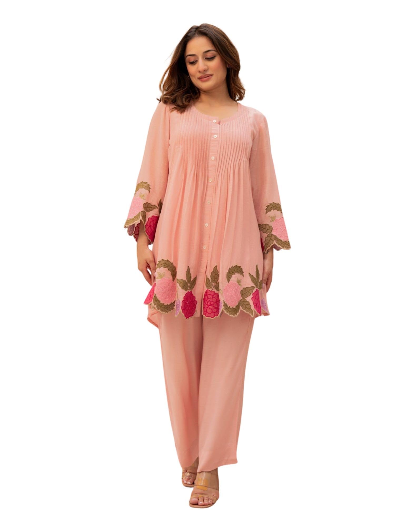 Women's Chanderi Silk Thread Embroidery Floral Pintuck Pleated 3/4 Sleeve | Short Top with Trouser | 2 Piece Co-Ord Set | Ethnic Wear for Women | Round Neck Co-Ord Set | Kurta Sets for Women-image-17