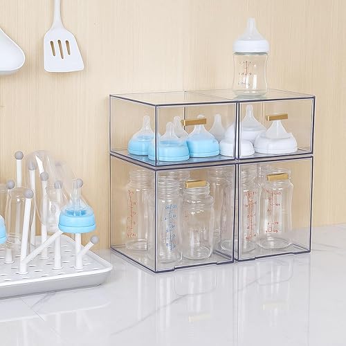 Miniatura 4 de Paquete de 4 cajones apilables de acrílico transparente con asas doradas, organizadores de cajones de plástico para maquillaje, cocina, baño,
