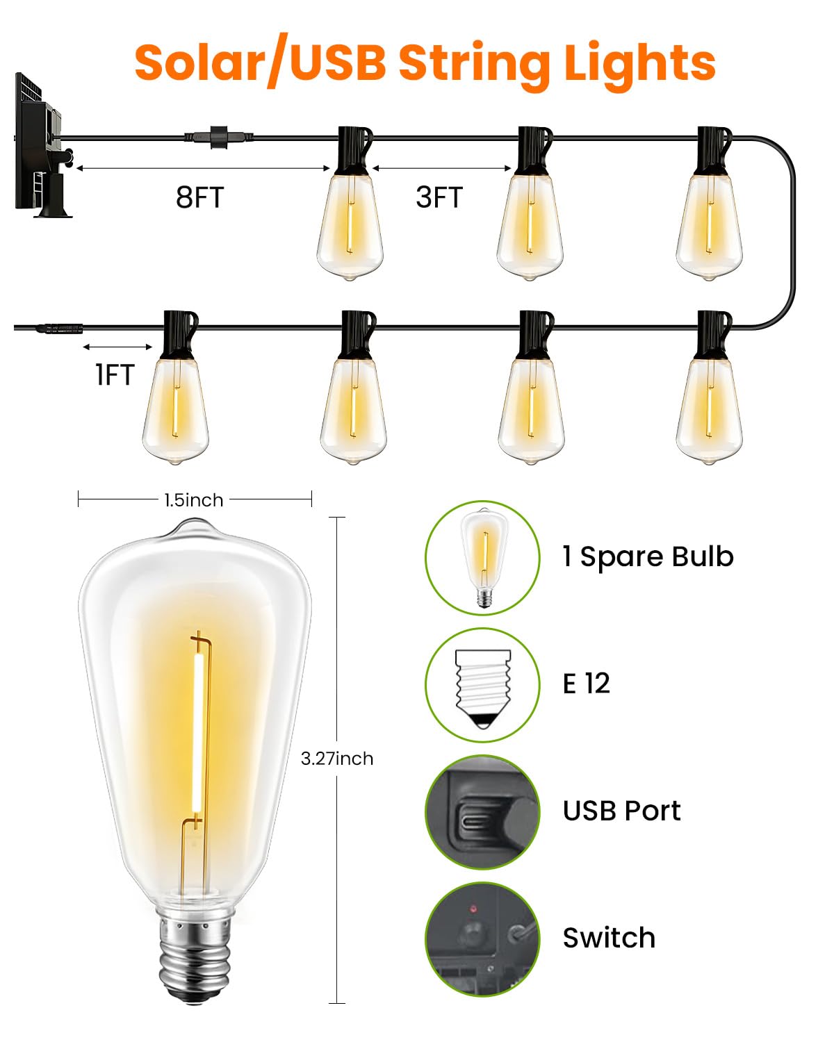 VOLIVO ST38 Solar-Lichterkette, wasserdicht, Terrassen-Lichter, solarbetrieben mit Fernbedienung und USB-Anschluss, 16 + 1 LED, bruchsichere Glühbirnen, 8 Lichtmodi, dimmbare Solarleuchte für Camping