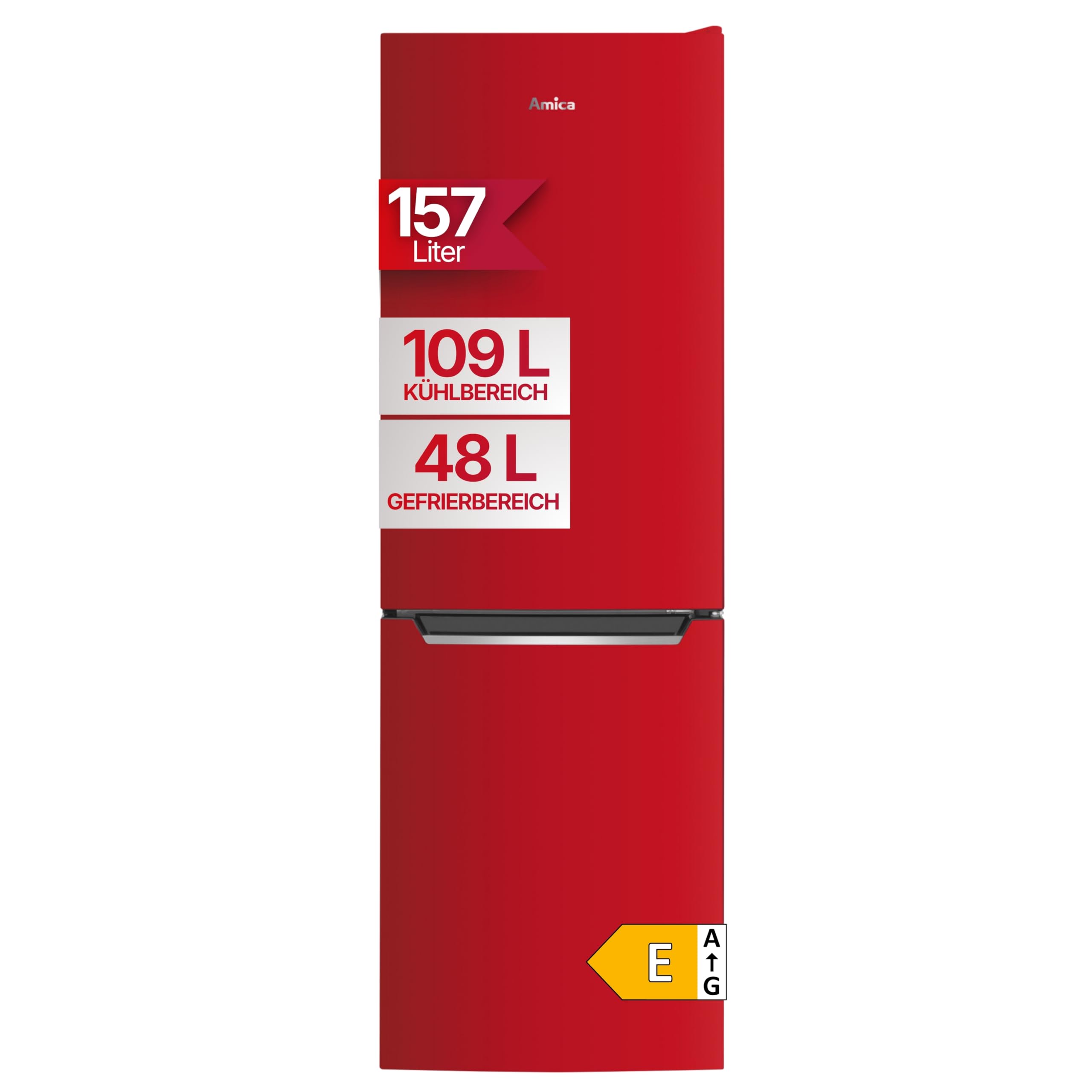 Amica Kühl‑Gefrierkombination freistehend 157 l FrostControl Superkühl und Supergefrierfunktion Sicherheitsglas LED‑Beleuchtung 144 x 47,4 x 49,5 cm – Kuehlschrank Freistehend Rot