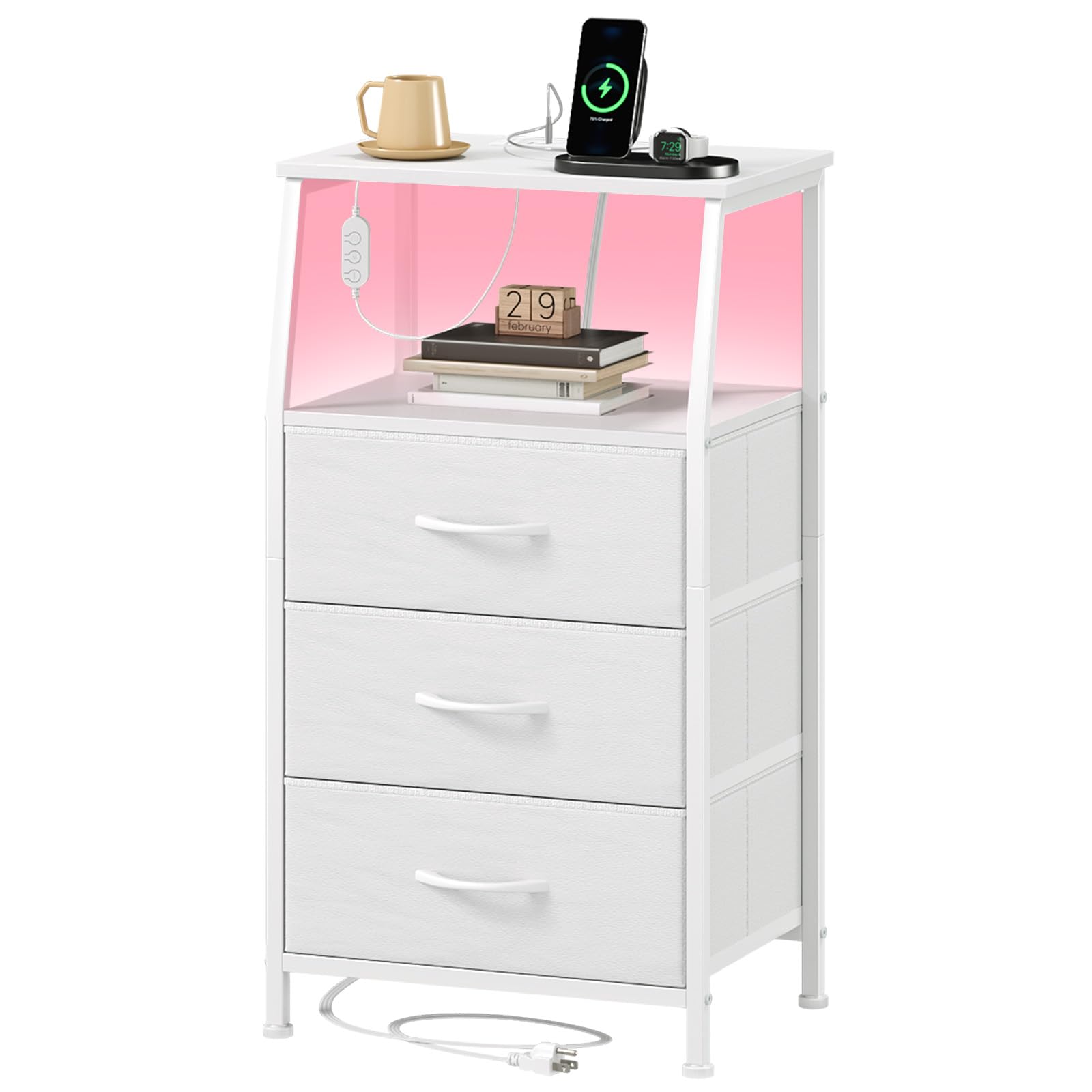 Somdot White Nightstand with Charging Station and LED Light for Bedroom, Tall 3 Drawers Dresser with Fabric Bin for Bedside Dorm Kids Closet Laundry Entryway, White Leather