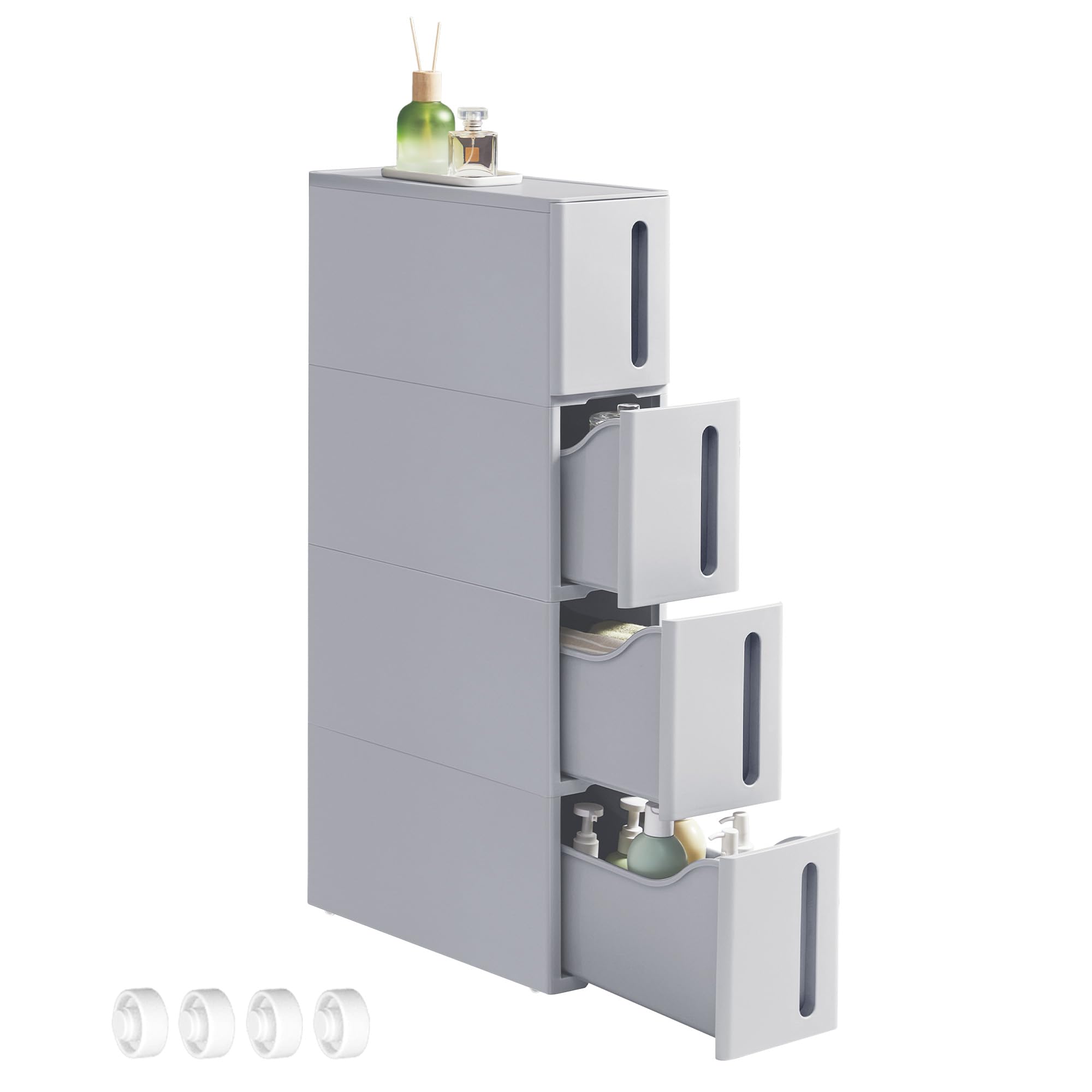 SONGMICS Narrow Storage Tower on Wheels, Trolley with 4 Drawers, 17.3 cm Wide, Slim Bathroom Drawers, Kitchen Storage Cabinet, PP Plastic, Space-Saving, 45.2 x 17.3 x 84 cm, Gray KFR008G02
