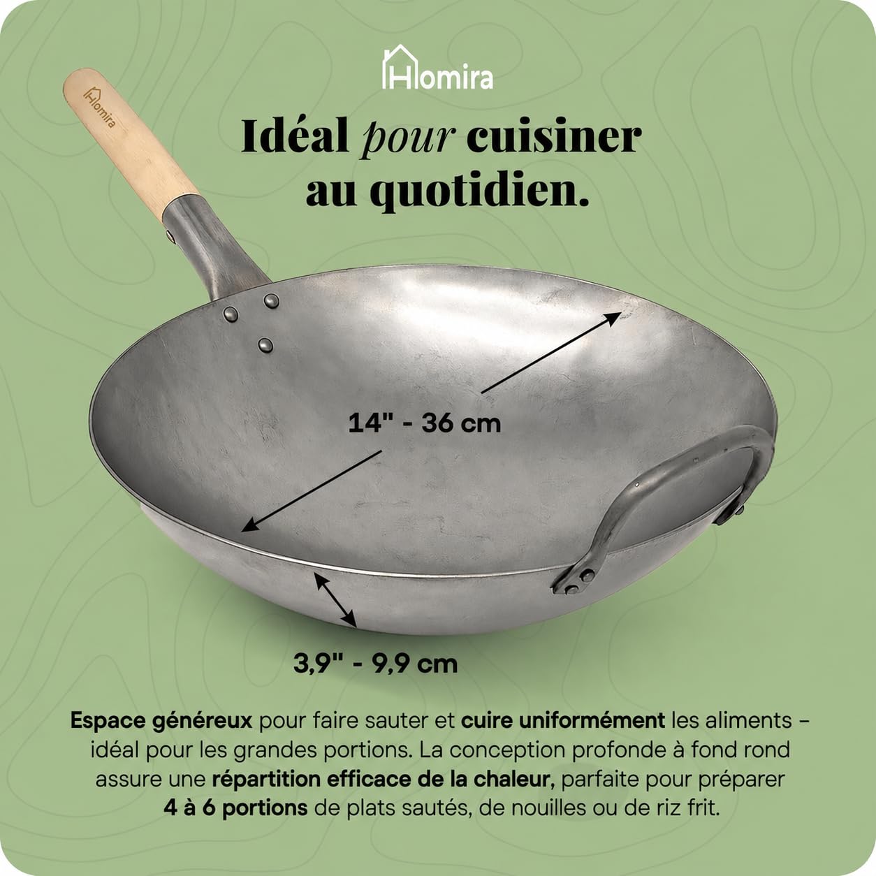 Homira Wok en Acier Carbone de 36 cm, Martelé à la Main, Fond Rond et Manche en Bois – Poêle Wok Traditionnelle sans PFAS pour Gaz, Barbecue, Brûleur à Wok et Cuisine en Extérieur (Fond Rond)