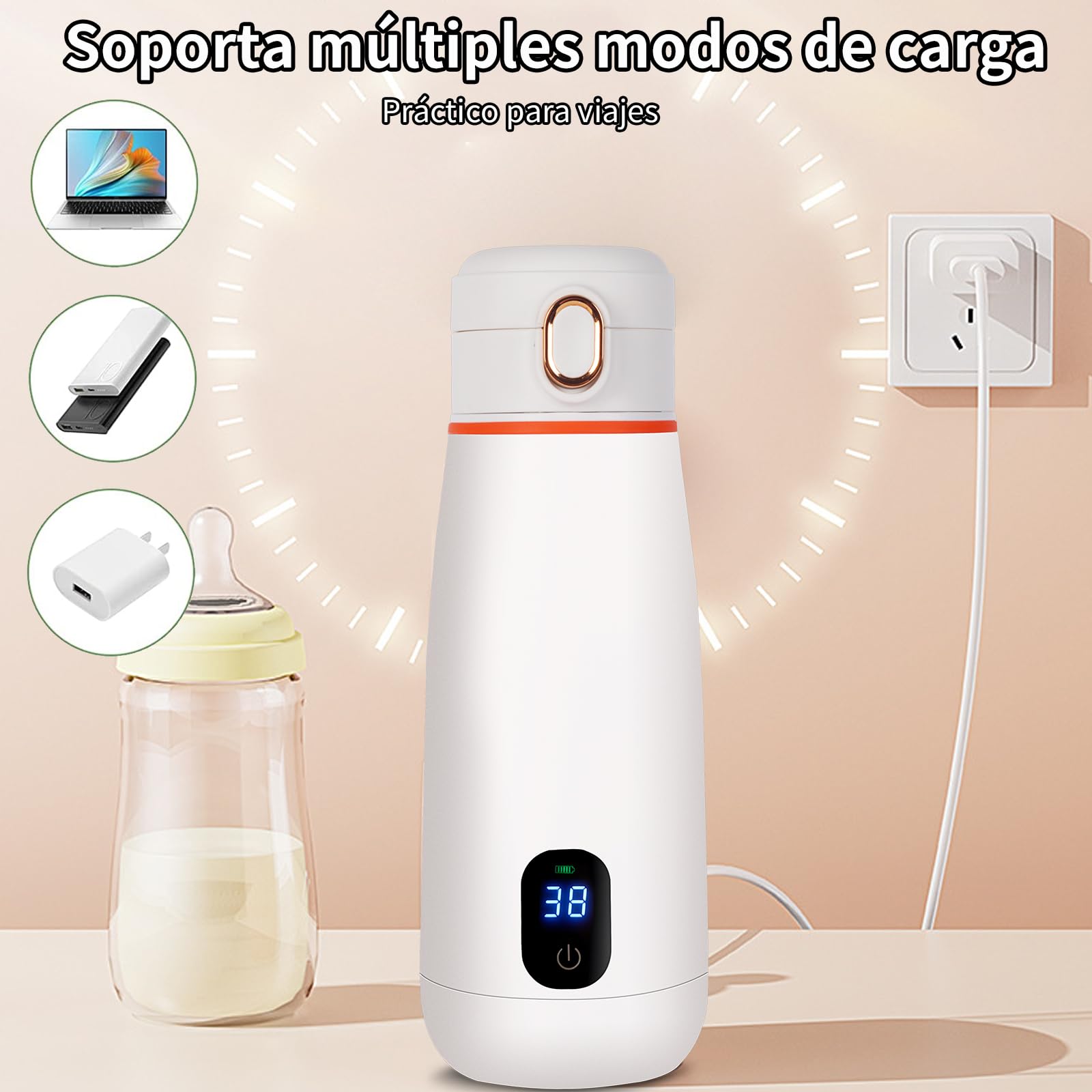 Calienta Biberones Portátil, Calentador de Biberones Recargable USB, Capacidad de 350mL, Carga Rápida con Control de Temperatura Para viajes