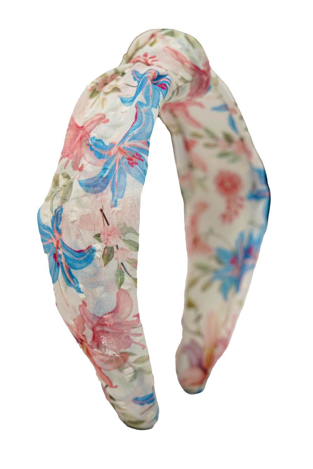 Luxe & Hardy Floral Print Knot Headband, White with Pink and Blue | Fabric Wrapped, Top Knot Design, Women's Hair Accessory, Watercolour Pattern, Casual Wear-image-18