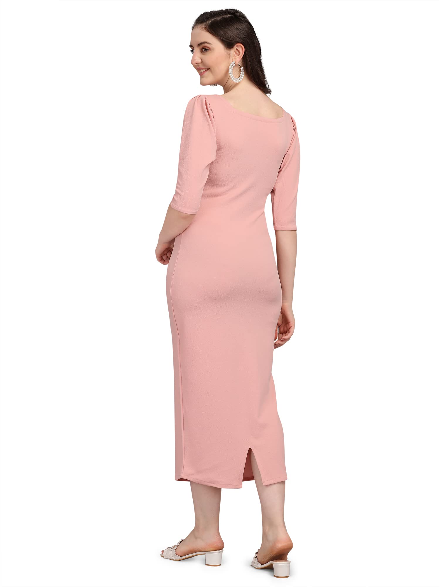 Purvaja Women's Corduroy Bodycon Midi Dress (Ruby-132-Pe-L_Peach