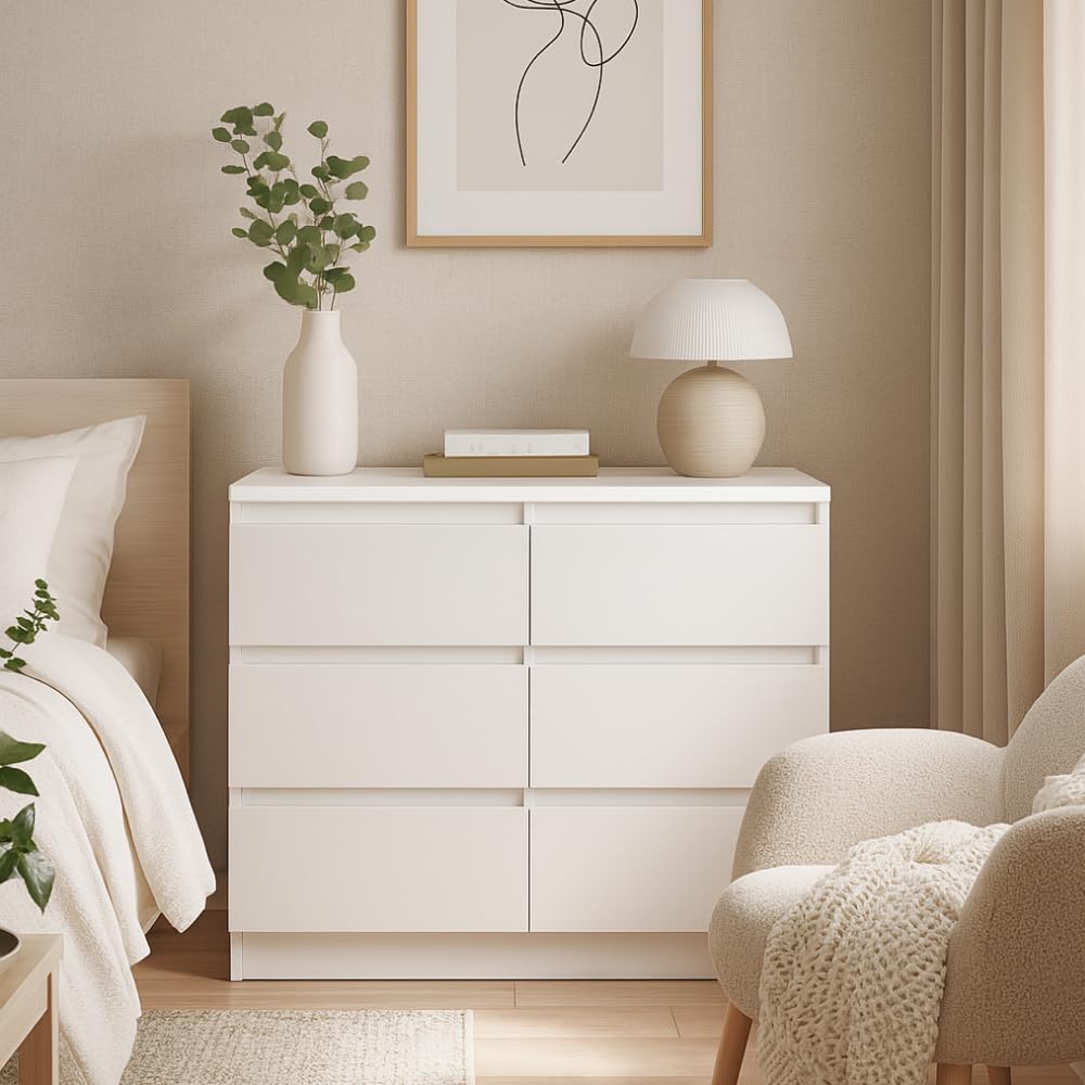 Kommode Basic Weiß mit 6 Schubladen | Viel Stauraum, 100x75x40 cm | Schubladenschrank für Schlafzimmer, Wohnzimmer, Büro oder Kinderzimmer