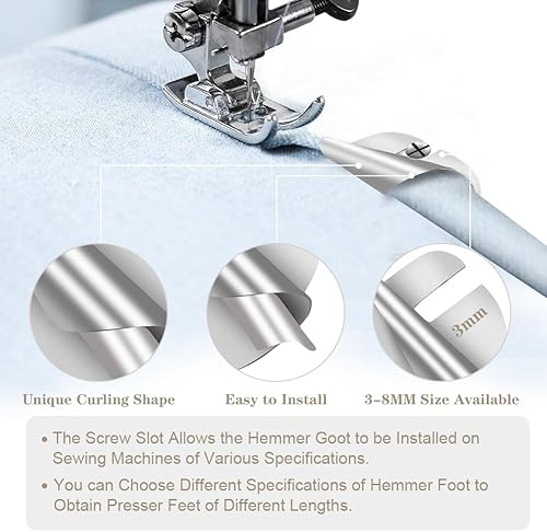 Miniatura 3 de Aohcae Pie de dobladillo enrollado universal para coser, 6 unidades (0.118-0.315 in), pie de martillo de dobladillo enrollado para máquina de coser,