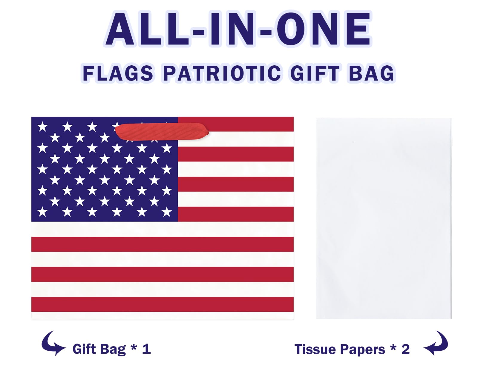WRAPAHOLIC 13" Large USA Flag Patriotic Gift Bag with Tissue Paper - American Flags 4th of July Gift Bags for Independence Day, Memorial Day and Patriotic Shower