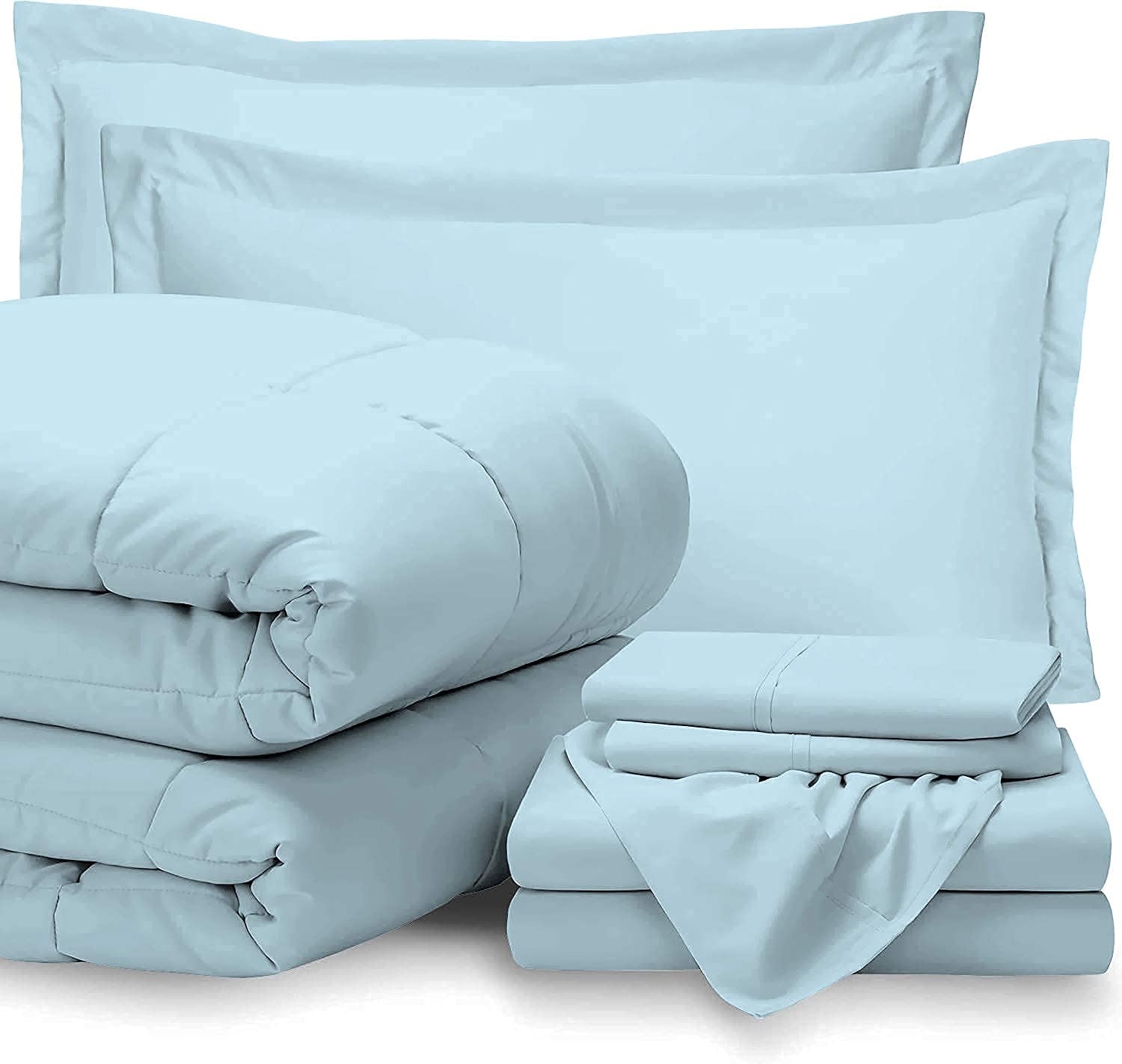 7 Piece-1Comforter,1Flat Sheet,1Fitted Sheet, 2Pillowcase & 2Pillowsham Comforter & Sheet Set 18" Deep Pocket, 800TC 100% Egyptian Cotton- Oversized King Size, Bedding Sets Include - Light Blue