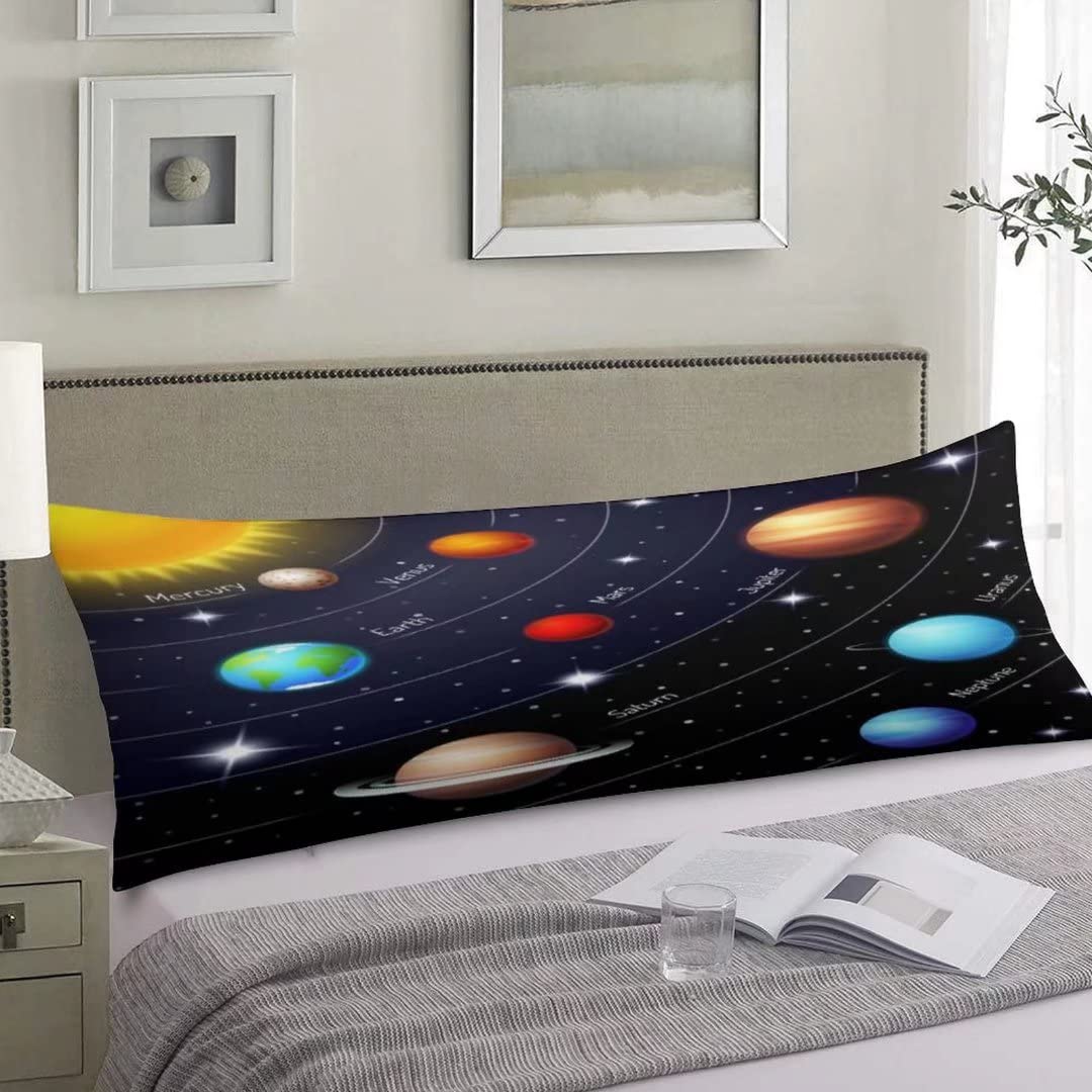 Outer Space Body Pillow Cover Solar System Orbits Sun Earth Mars Twinkling Night Sky Stars Planet Pillow Case Protector with Zipper Decorative Large Pillow Cases Covers for Bed,Home Gift 20"x54",Blue