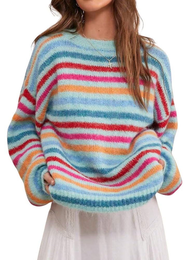 chouyatou Womens Fall Fuzzy Contrast Striped Pullover Sweater Cute Y2K Ribbed Knit Sweater Jumper Tops