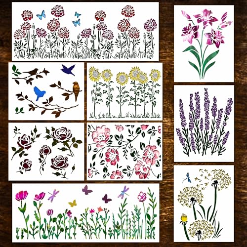 Flower Stencils for Painting on Wood - Reusable Wildflower Stencil for Painting on Walls - Rose, Cherry Blossom, Hydrangea, Lily, Sunflower Stencil - Large Spring Floral Stencils for Crafts