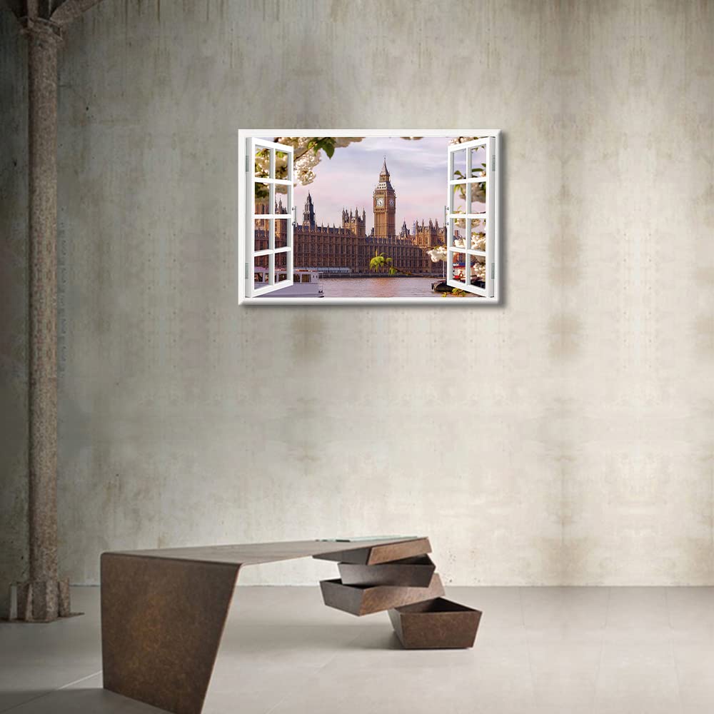 TISHIRON 3D Window Effect Canvas Wall Art Palace of Westminster Poster London Big Ben Cityscape Modern Home Decor Artwork Canvas Wall Decor for Living Room Framed Ready to Hang - Image 4