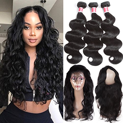 Beauty Princess 9A 360 Lace Frontal Full Lace With Adjustable Straps Brazilian Body Wave 360 Lace Frontal Closure with 3 Bundles with Natural Hairline with Bady Hair Natural Color. (18 20 22+16)
