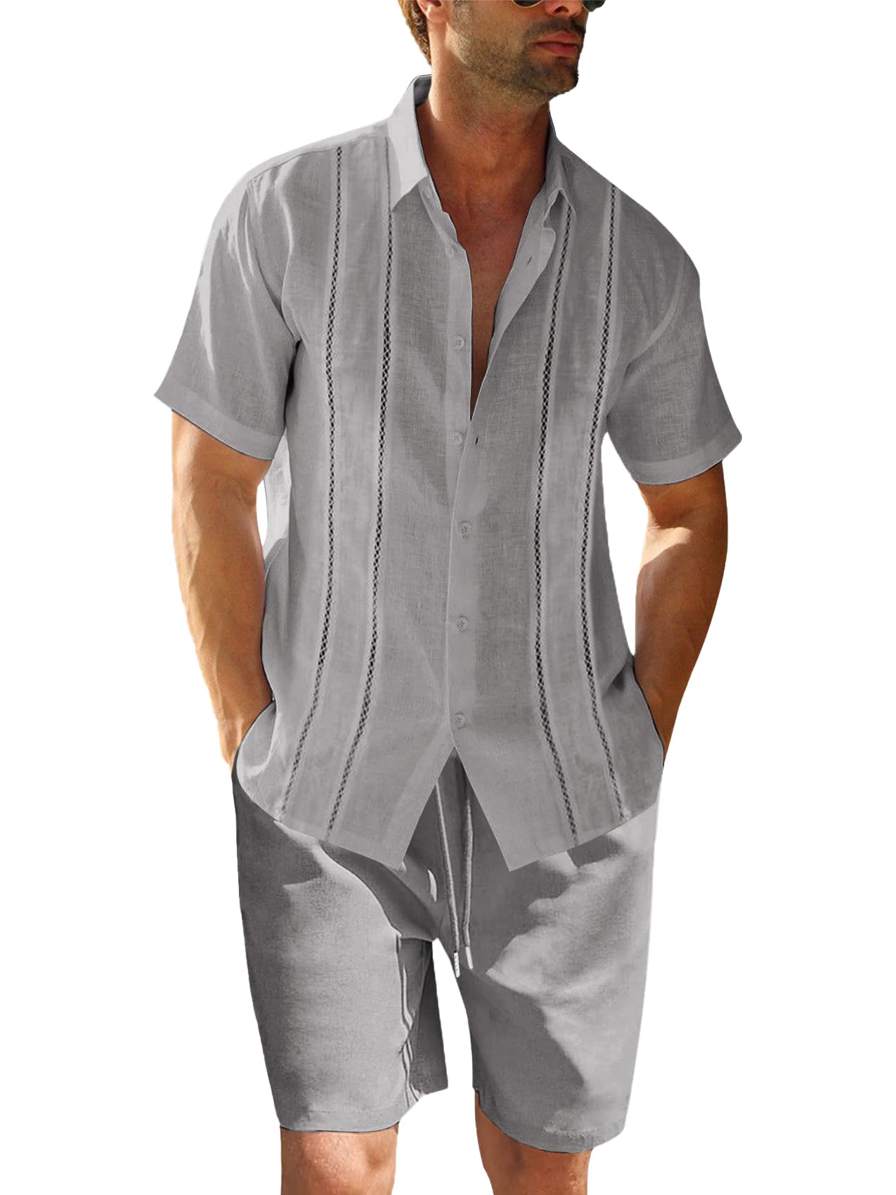 Set di 2 pezzi di lino da uomo, vestibilità normale, con bottoni, camicia da spiaggia e pantaloncini, a maniche corte