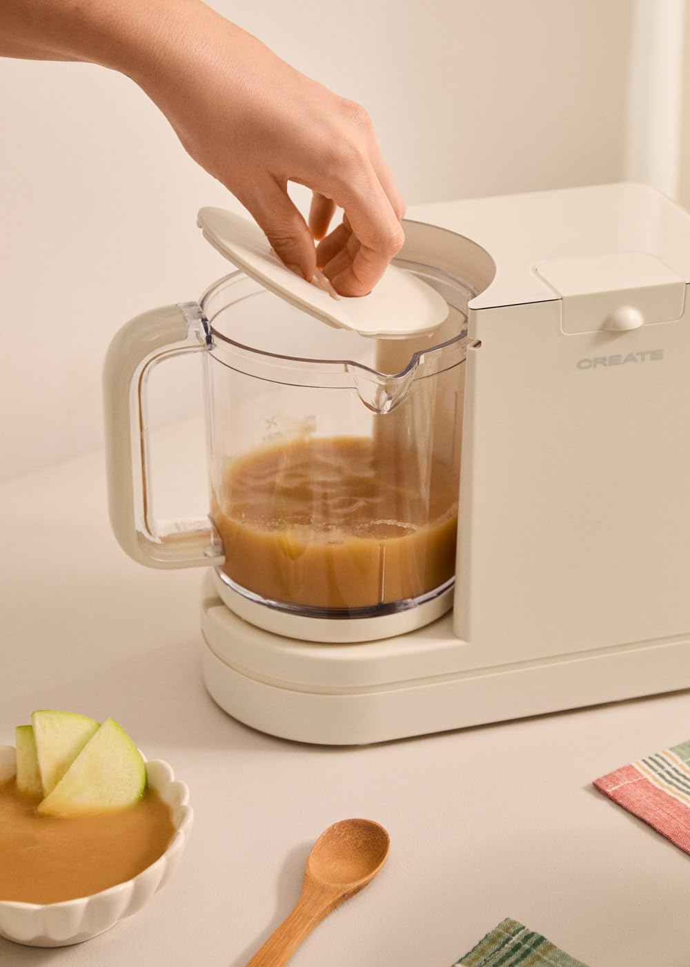 CREATE/BABY CHEFBOT/Robot de cocina esterilizador multifunción para bebés blanco roto/Libre de BPA, 6 funciones, programable, doble altura para biberones, 700W