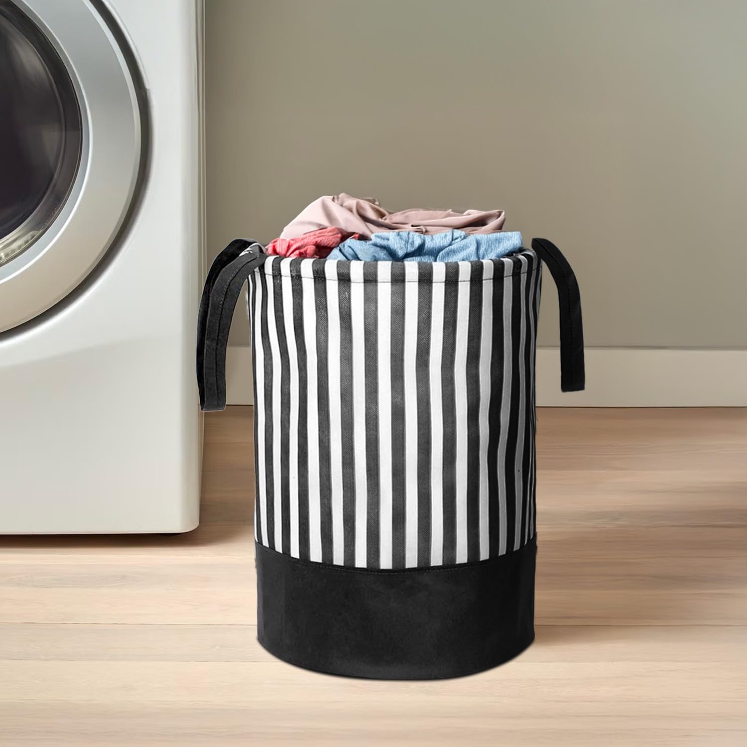 PrettyKrafts 45L Non Woven Stripe Printed Round Foldable Large Laundry Bag/Basket With Handles, Freestanding Clothes Storage Organizer for Bedroom, Bathroom, Dorm (36x36x45cm, Black, Set of 1)