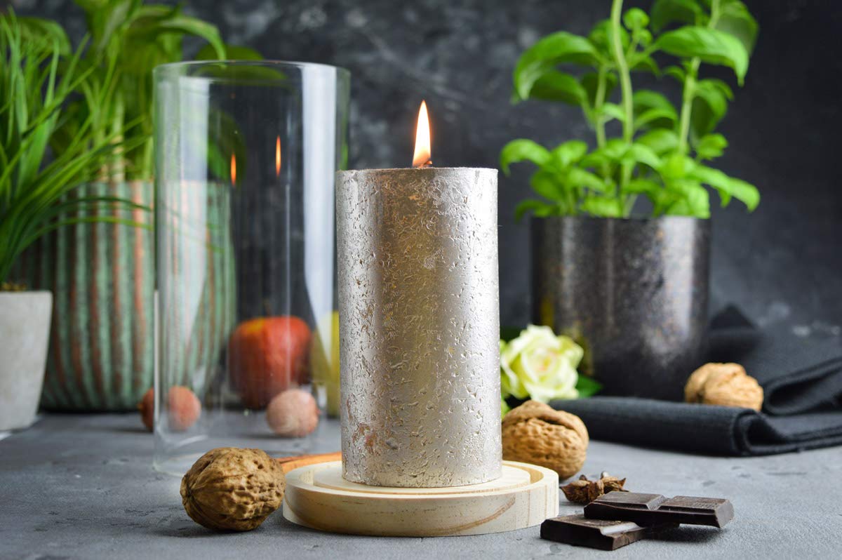 Sendez Set di 2 portacandele in vetro con piatto in legno, elegante portacandele e decorazione da tavolo, moderno portacandele in vetro borosilicato, vetro decorativo per candele a colonna (altezza