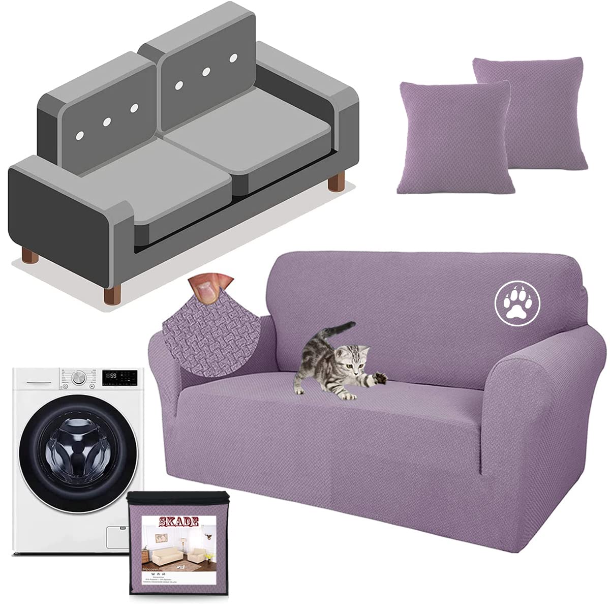 SKADE Creative Jacquard Couch Sofa Covers with 2 pillowcase, Super Stretch Non Slip Sofa Cover for Dogs Pet Elastic Furniture Protector Sofa Slipcovers With Elastic Bottom (2 Seater,Light Purple)