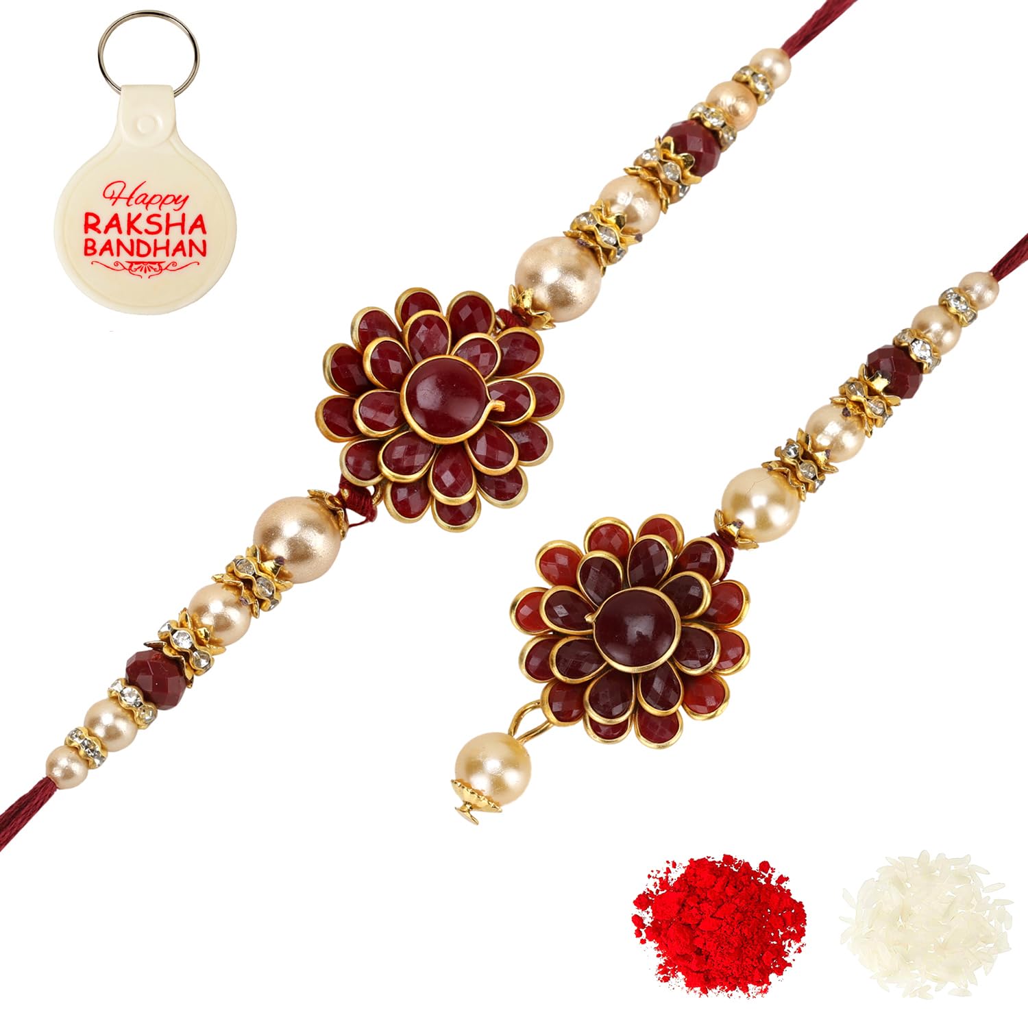 Riddhika Ventures Elegant Traditional Gold Plated Bhaiya Bhabhi Rakhi Set with Roli Chawal,Greeting Card and One Religious Keychain (B2B2K) (B088DBPLR7) Amazon Price History, Amazon Price Tracker