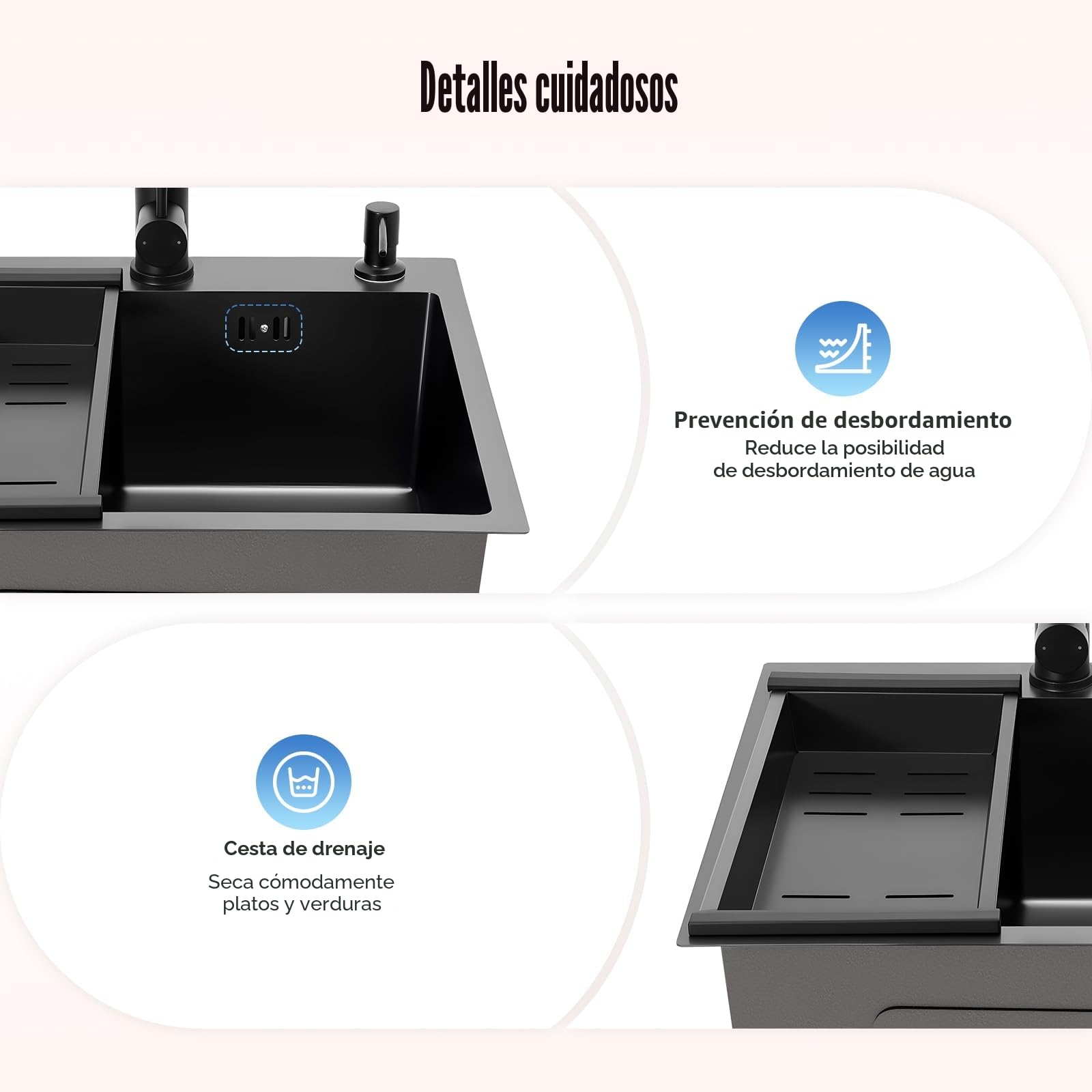 Fregadero de cocina de acero inoxidable de 50 x 45 cm, 1 lavabo, color negro con grifo extensible, con dispensador de jabón, cesta colador, tubo de desagüe