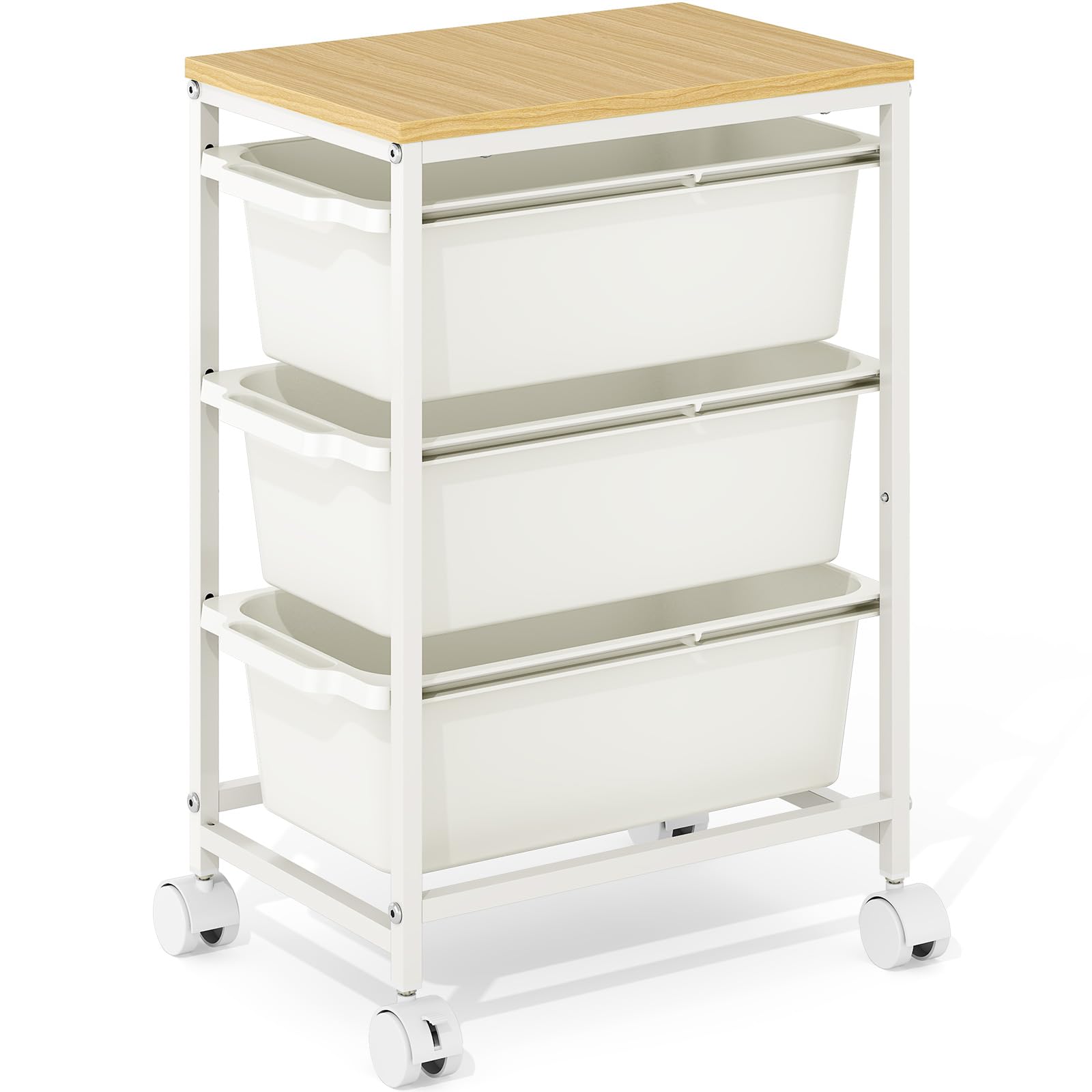 KINGBOARD 3 Drawers Storage Trolley on Wheels, Plastic Drawers Storage Unit for Craft Storage & Under Desk Storage, Rolling Utility Cart Organizer for Bedroom, Office, White